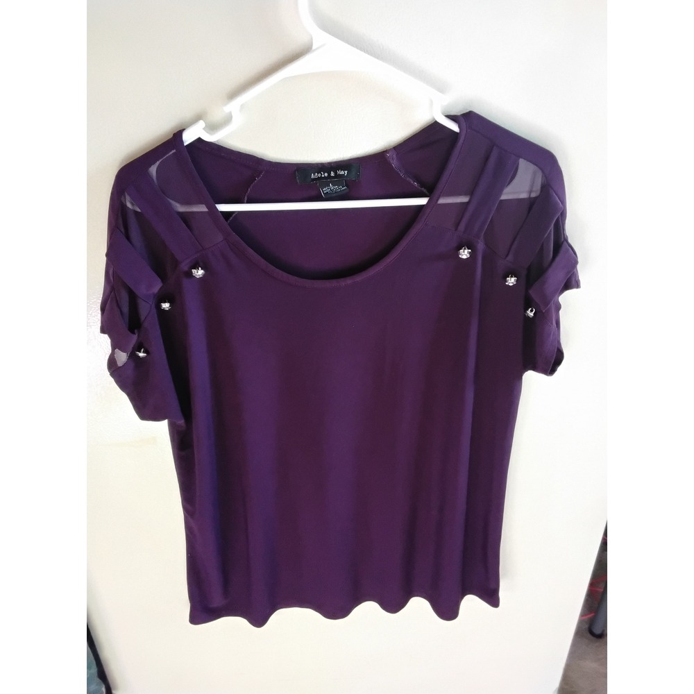 Adele & May Womens Purple Cold Shoulder Mesh Rhinestone Blouse Top Large